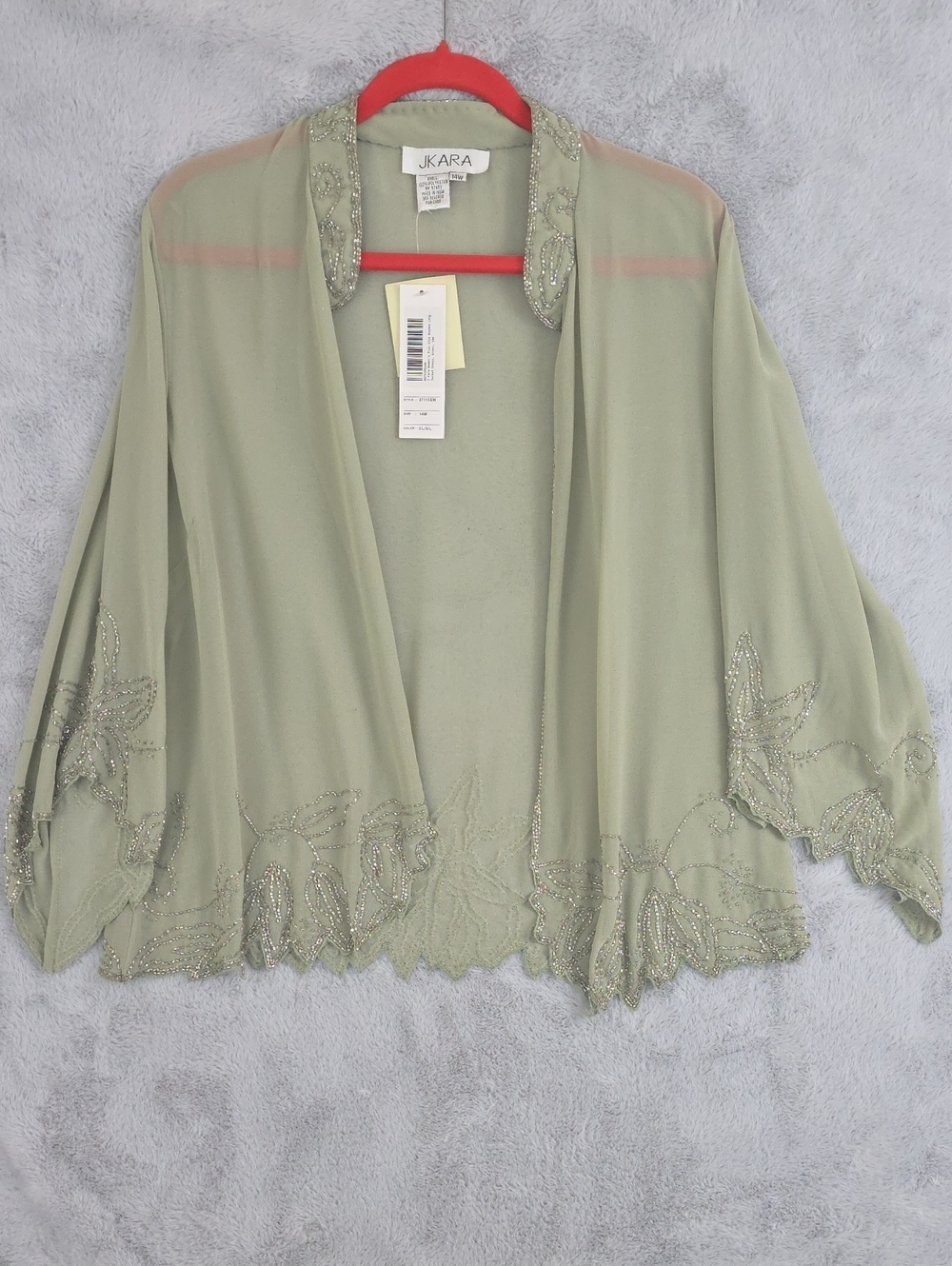 NWT JKARA Beaded Chiffon Open Front Jacket Sage Green 14W Plus